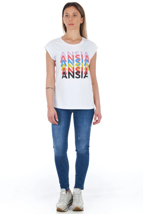 Frankie Morello Women's Elegant White Front Print Tee